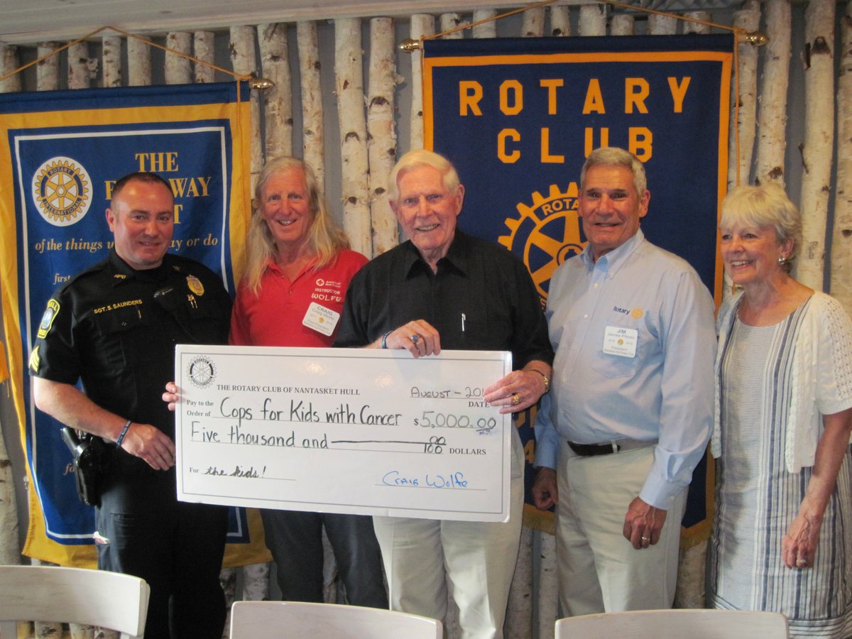 On June 19, 2019, Cops For Kids With cancer went to
A meeting to the Rotary Club of Nantasket-Hull and received a check for $5,000.00 from the annual Nantasket Beach Car Show, which was held June 9, 2019.