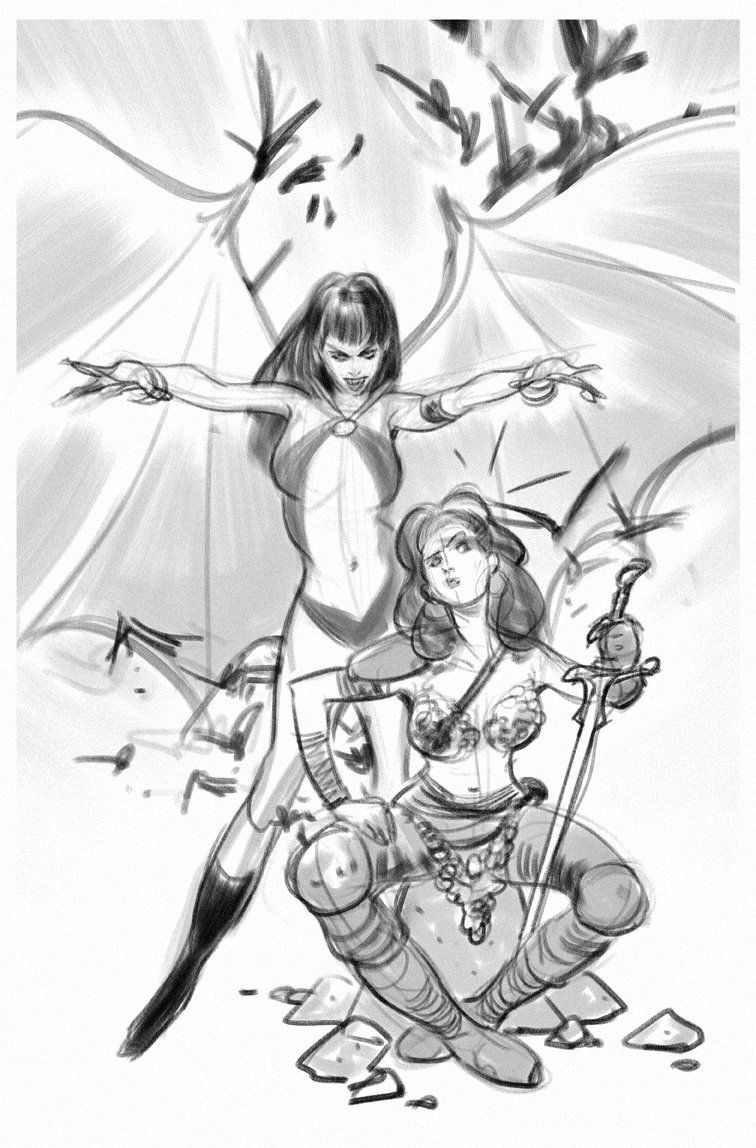 Discarded sketches for the variant cover of "Vampirella/Red Sonja" #1. @DynamiteComics 2019. 