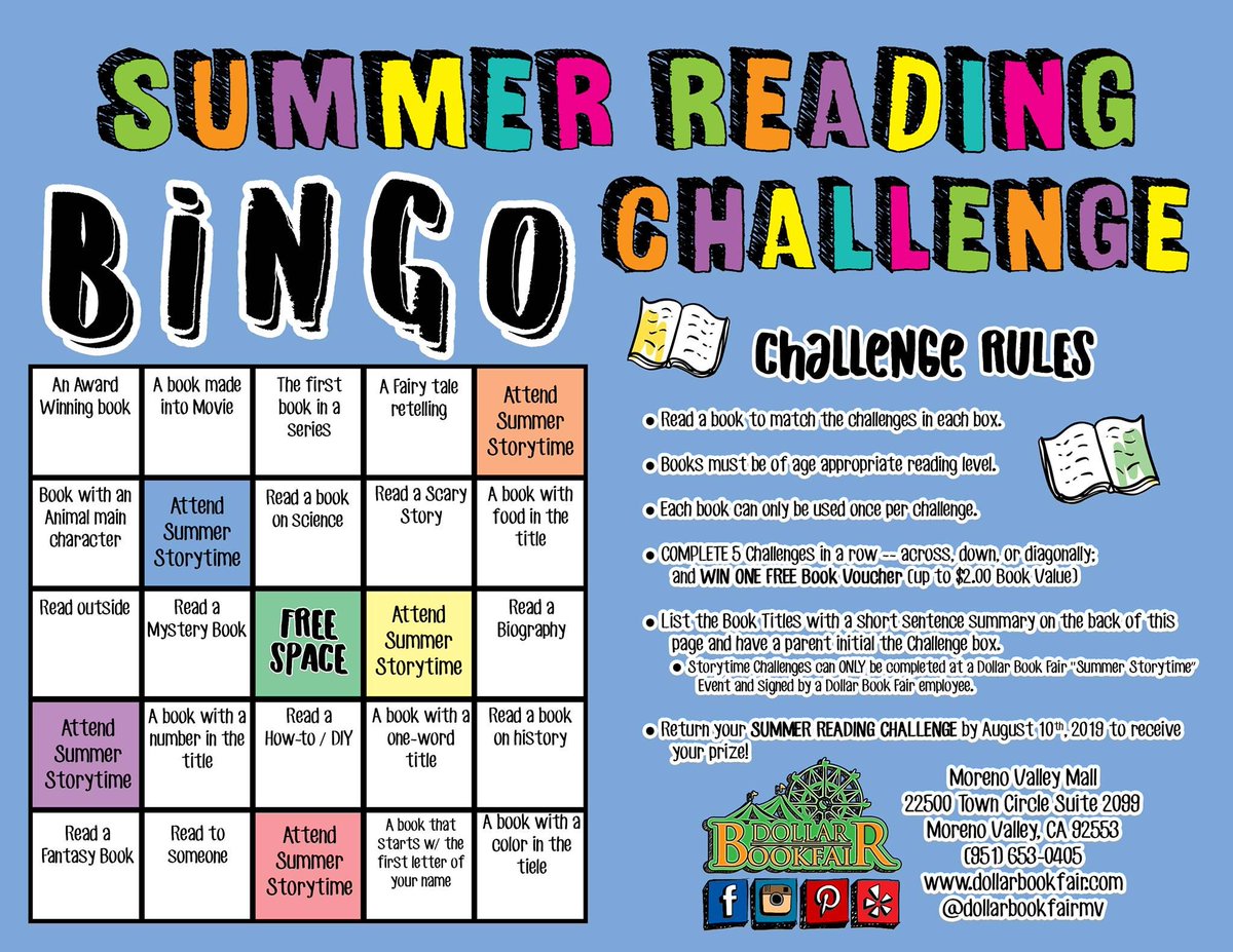 Join the Summer Reading BINGO Challenge at Dollar Book Fair. Complete five challenges in a row now through Aug. 10 and win one free book voucher (up to $2 in value). Pick up your BINGO card today by stopping by the store during business hours. Happy Reading!