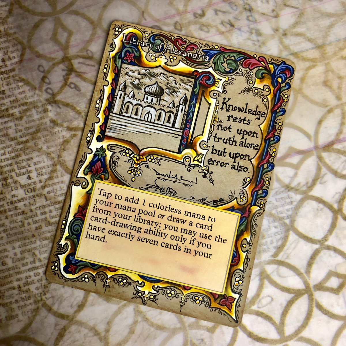 Library of Alexandria in the style of a medieval illuminated manuscript. Finished commission. #brossardalters #mtg #mtgalter #mtgalters #mtgoldschool #oldschoolmtg #libraryofalexandria #alteredart