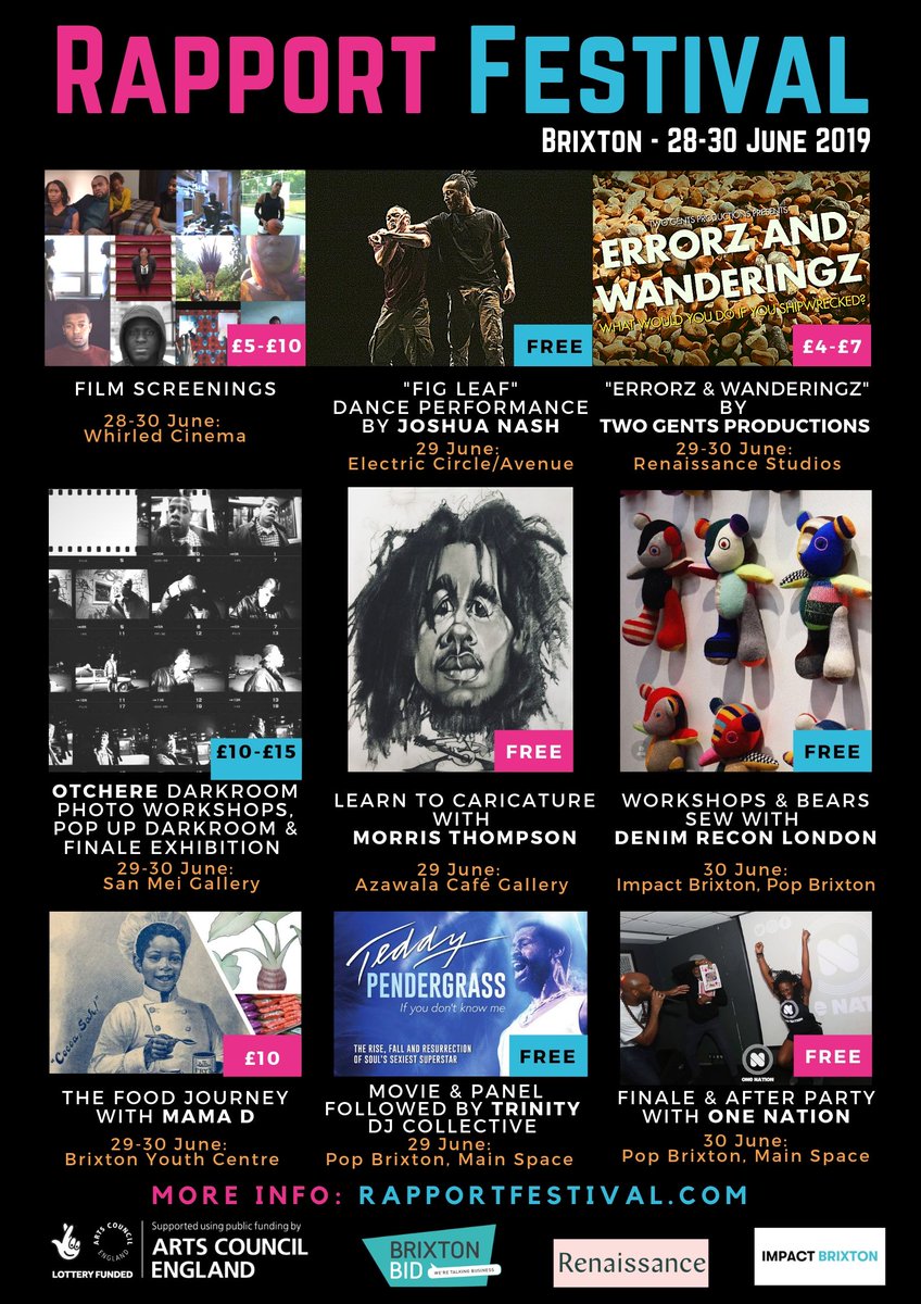 Join us this year at #RapportFestival. Not to be missed. 28-30 June, Brixton.

Something for everyone!

#film #theatre #dance #sewing #food #photography #africandiaspora #BlackExcellence #BlackLove #BlackArt #AfroPunk #BlackCulture #Brixton #BlackBriton #BlackBritain #WindrushDay