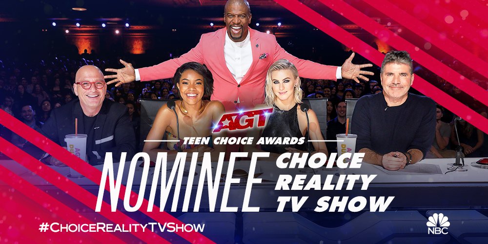 AGT's tweet photo. #AGT fam! We’ve been nominated for a #TeenChoice award for #ChoiceRealityTVShow. RETWEET and help @agt snag some trophies. 🏆 https://t.co/qZRweLaV27