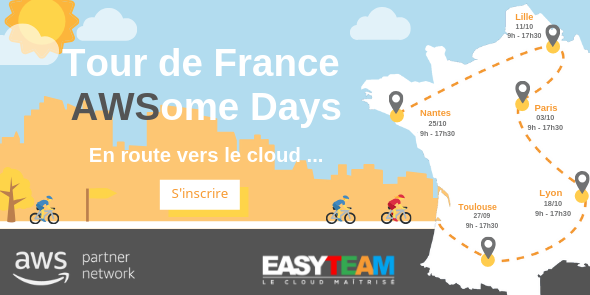 romainspinelli's tweet photo. EASYTEAM organise son Tour de France AWSome Days ! Des journées de formations entièrement dédiées au cloud #AWS ! Trouvez la date la plus proche de chez vous 🚴♀️ #AWSomeDays @AmazonFrance #Cloud https://t.co/rYlLALLxVf https://t.co/wSriRsIBjm