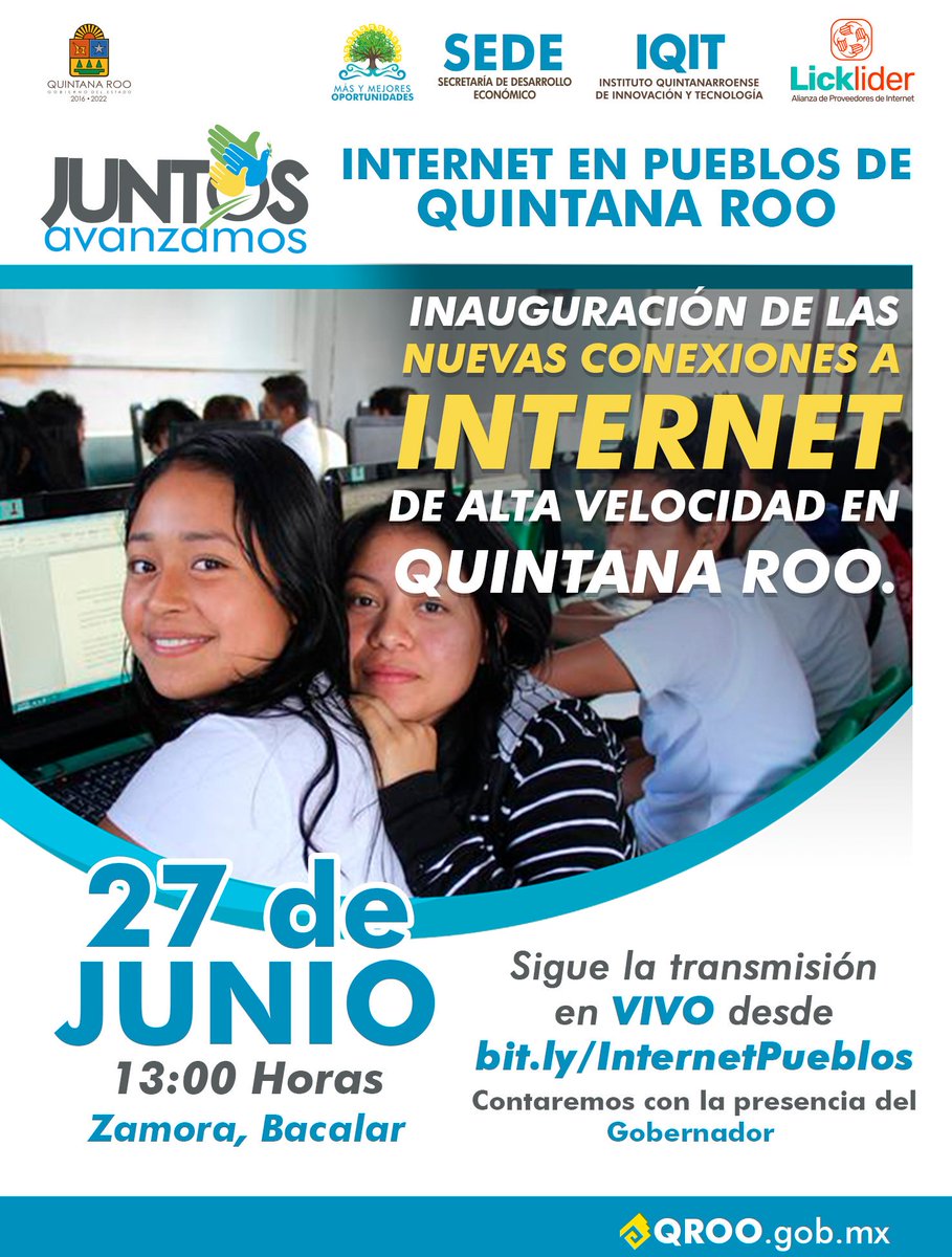 Este 27 de Junio El Gobernador del Estado Inaugurará conexión a 39 pueblos rurales de Q. Roo que serán beneficiados con acceso a internet de alta velocidad. Se Realizará una videoconferencia desde Zamora, Bacalar a 3 diferentes comunidades rurales (Pucté, Rio Verde y Echeverría).