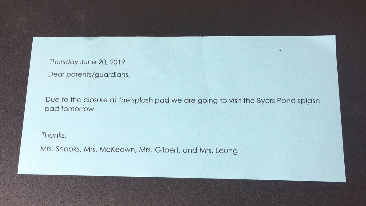 MrsLLeung's tweet photo. An important note is coming home today in agendas about our  trip to the splash pad tomorrow. https://t.co/A6IlyKjuqX