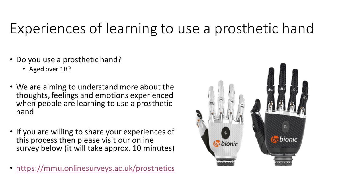 Greg___Wood's tweet photo. We're looking for prosthetic hand users to fill out our questionnaire exploring the thoughts/feelings/emotions experienced when learning to use their prosthesis. If you wear a prosthesis and can spare 10 mins, we would be very grateful! 

https://t.co/SDWLz5XJFl https://t.co/OHcI6PeuLr