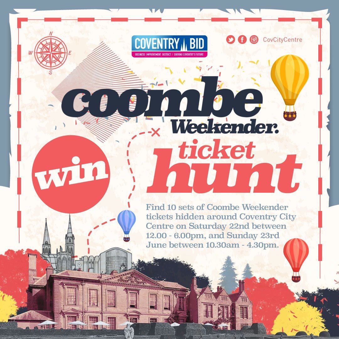 🔎Calling all Treasure Hunt fans! 

🎫 Channel your inner Anneka Rice and track down the 10 sets of <a href="/Coombeweekender/">Coombe Weekender</a> tickets hidden around Coventry City Centre this weekend. 

Check out <a href="/CovCityCentre/">Coventry City Centre</a> Facebook page for more information. 
buff.ly/2RqwdAW
#covhour