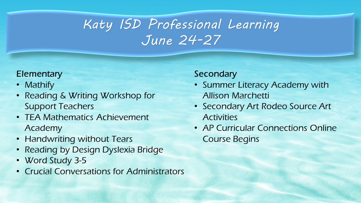 KatyISDLearning's tweet photo. Next Week in #KatyISD Summer Prof Learning
โ๏ธ Missed the last round of #Mathify? Cure your FOMO and go! https://t.co/NFQfKGA5gI
โ๏ธSupport teachers, get a RW Workshop session just for you! @katyool
โ๏ธSecondary Lit Summit w/ @AllisonMarchett #Katyisdlearningrocks https://t.co/zMvv2pJfRe