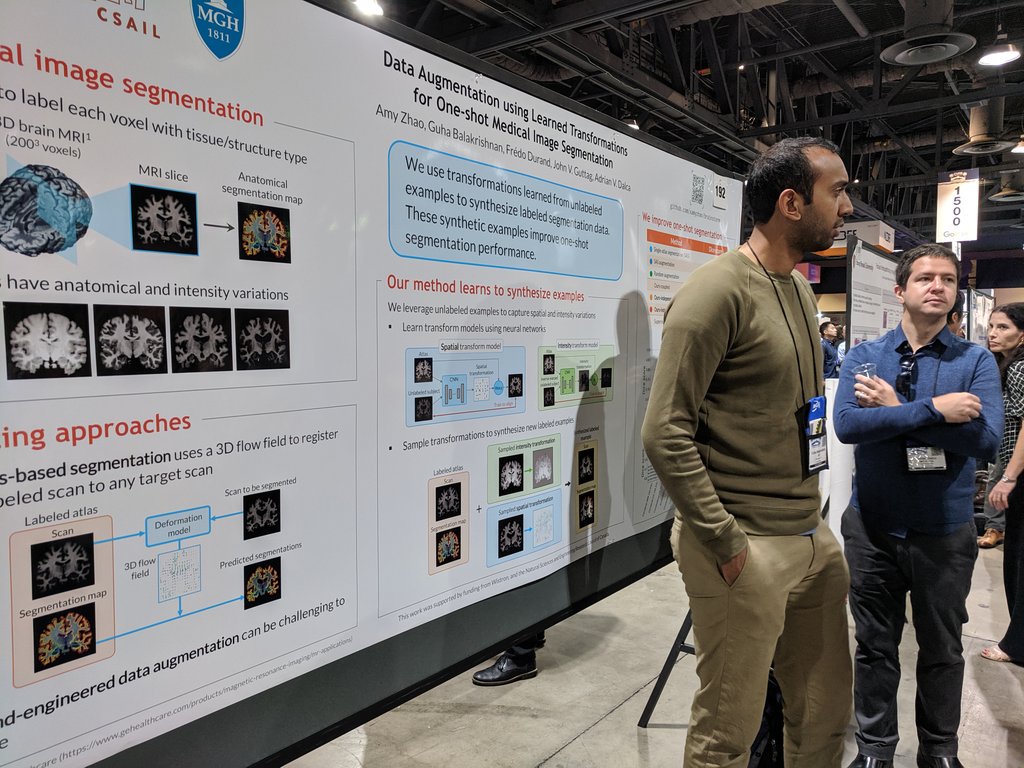 AmyZhaoMIT's tweet photo. Talking about learned data augmentation with co-authors Guha Balakrishnan and @AdrianDalca at poster 192 today!

#CVPR2019 #MRI https://t.co/GTTlLxTGe0
