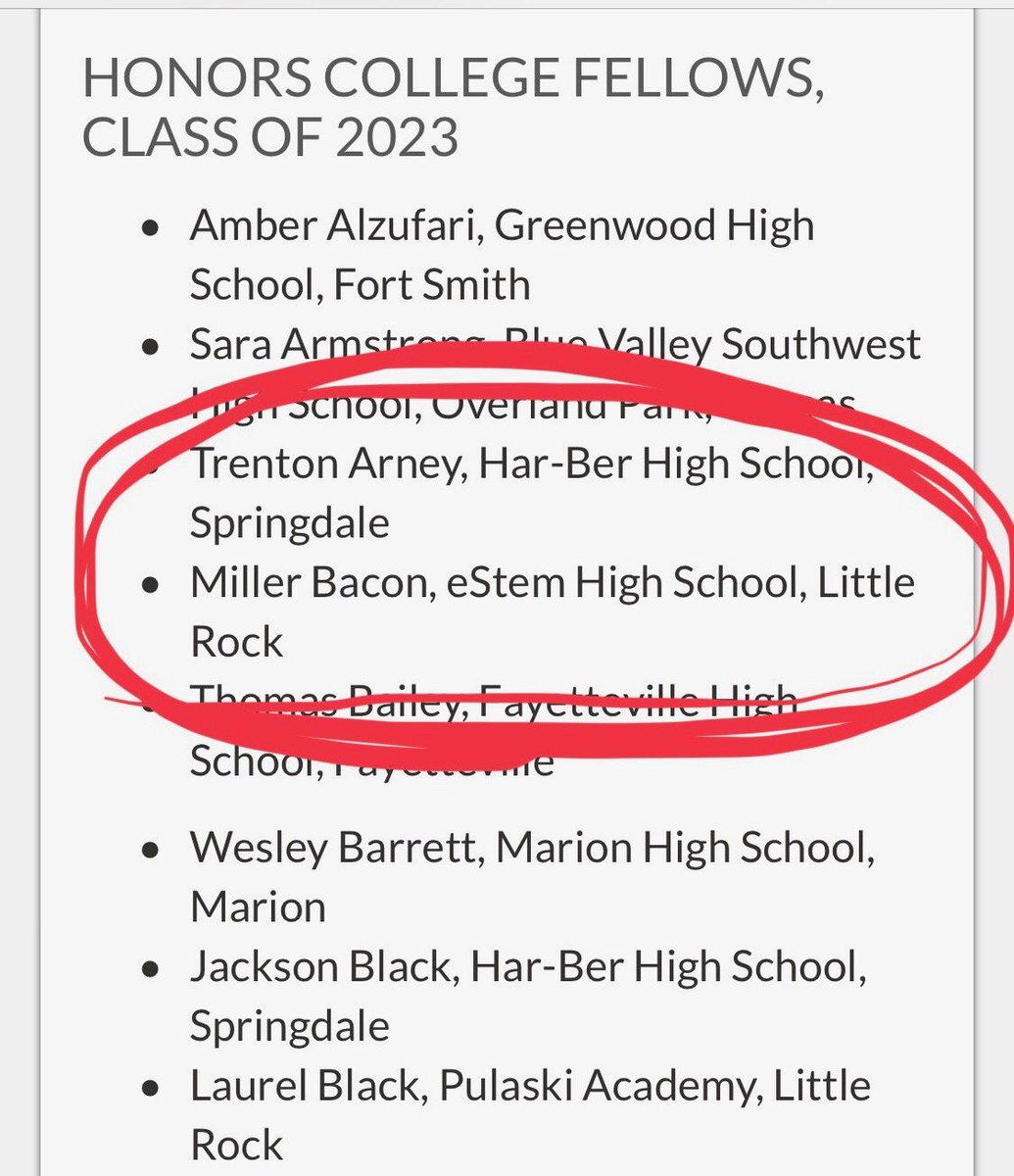 Congrats to 2019 ⁦<a href="/eStemPCS/">eStem PCS</a>⁩ ⁦<a href="/eStemHighPCS/">eStem High School</a>⁩ grad Miller Bacon on being named an ⁦<a href="/UArkansas/">University of Arkansas</a>⁩ ⁦<a href="/UarkHonors/">UofA Honors College</a>⁩ Class of 2023 Honors College Fellow!
