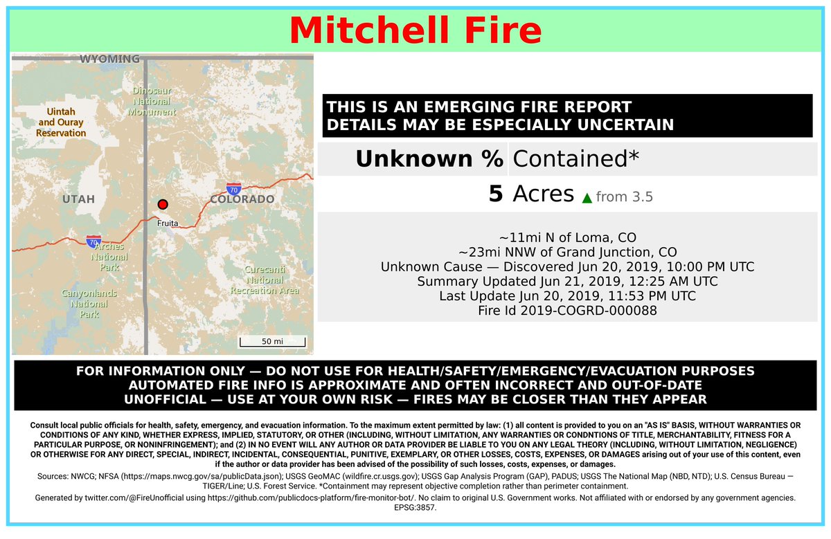 RockyMtnFireBot's tweet image. #MitchellFire 🔥 discovered Jun 20, 2019, 10:00 PM UTC - unofficial report.
#GarfieldCounty Grand Junction Field Office; ~11mi N of Loma, CO. ~23mi NNW of Grand Junction, CO. See officials for safety info. May be incorrect; disclaimers in images.