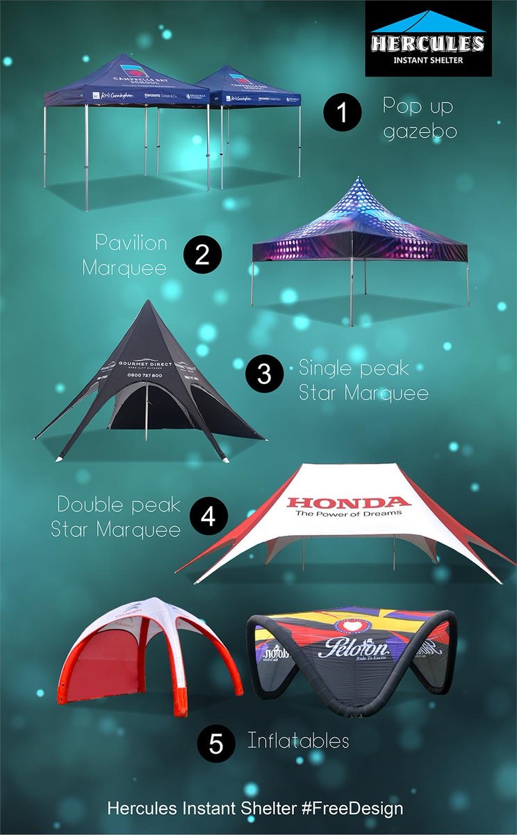 We supply a wide range of #marquees, from #popupgazebo to innovative #inflatablemarquee.

All aspects of the #marquees can be printed, inside or out and including the roof. We also provide free mock-ups service.

Find us now~herculesgazebo.co.nz

#NZtopquality
