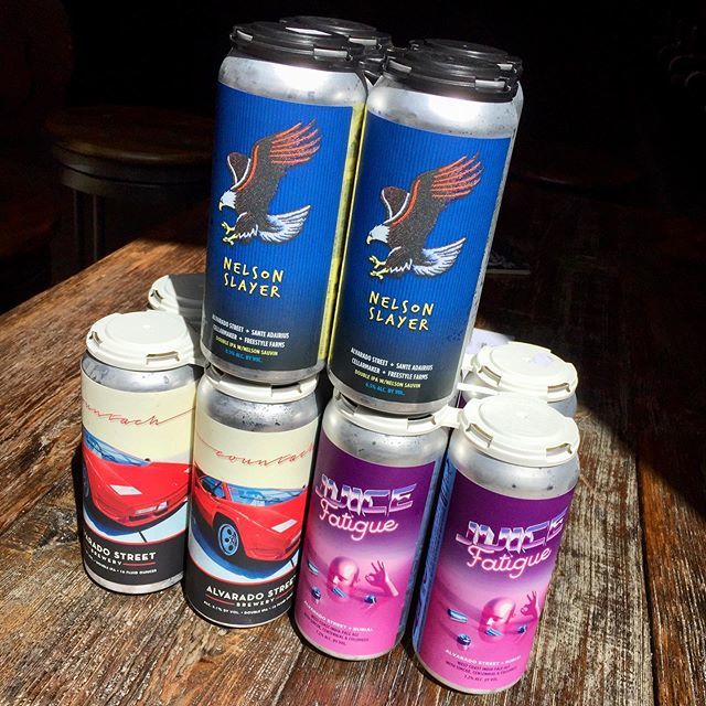 Hey friends! New @alvaradostreetbrewery cans are here! We have Countach Hazy Double IPA, Juice Fatigue West Coast IPA and Nelson Slayer Double IPA collab with <a href="/rusticales/">RusticAles</a> and @cellarmakerbrewing !! Not to be missed folks! 🍻🙌🏽🙌🏽 bit.ly/2IWNoWR