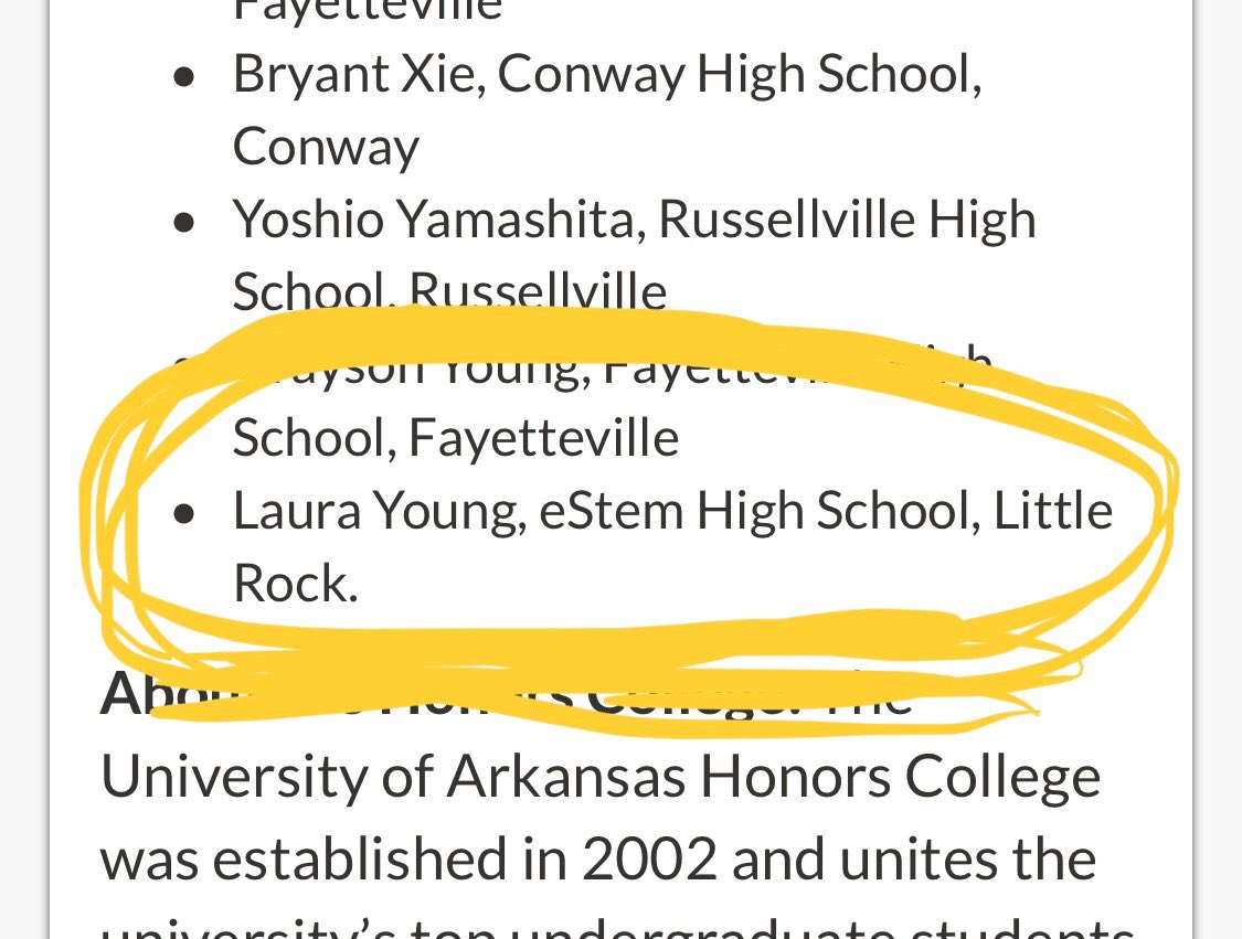 Congrats to 2019 ⁦<a href="/eStemPCS/">eStem PCS</a>⁩ ⁦<a href="/eStemHighPCS/">eStem High School</a>⁩ grad Laura Young on being named an ⁦<a href="/UArkansas/">University of Arkansas</a>⁩ ⁦<a href="/UarkHonors/">UofA Honors College</a>⁩ Honors College Fellow!