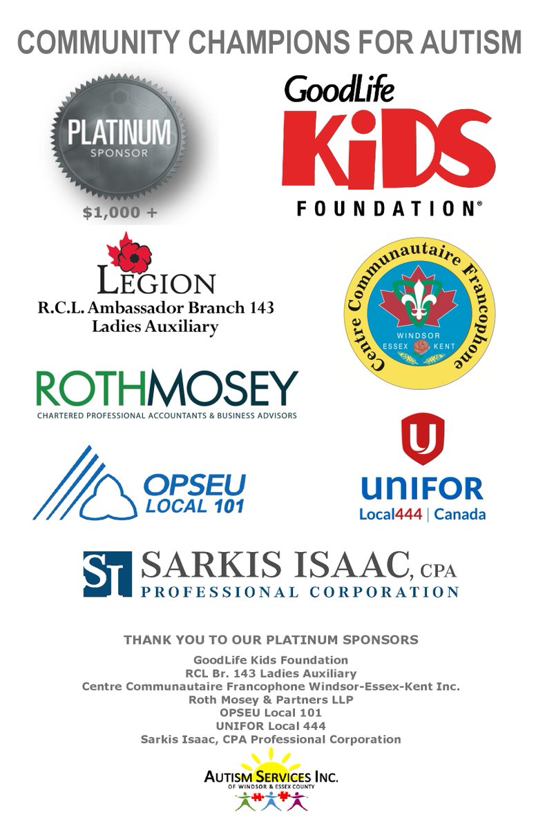Our Platinum Community Champions for Individuals with Autism! Thank You for Supporting the Bruce Awad Summer Program!
