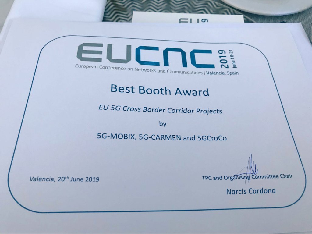 How cool is this?! We just got the best booth award at <a href="/EuCNC/">2026 EuCNC & 6G Summit</a> in Valencia! Joint work among <a href="/5g_carmen/">5G CARMEN</a> , #5Gmobix and <a href="/5GCroCo/">5GCroCo</a>! <a href="/5GPPP/">5GPPP</a> EU 5G Cross Border Corridor Projects rock!