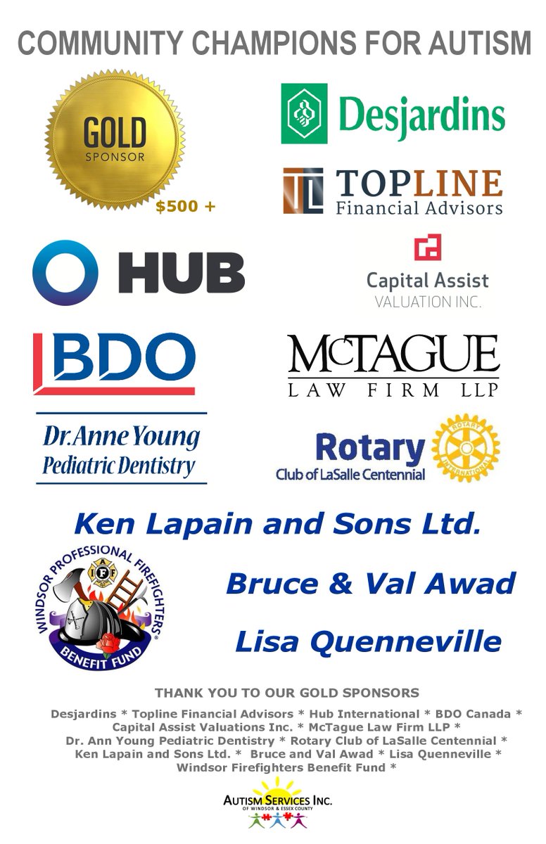 Our Gold Community Champions for Individuals with Autism! Thank You for Supporting the Bruce Awad Summer Program!