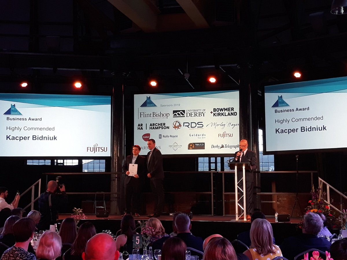 Congratulations to Kacper and Maciej from <a href="/derbycollege/">Derby College</a> on their Business Awards tonight at the iconic Roundhouse in Derby, proudly presented by <a href="/andyhalpin1/">andyhalpin</a> from <a href="/fujitsu_uk/">Fujitsu UK</a> #DCPeakAwards2019 <a href="/AshMerchant1/">Ash Merchant</a>