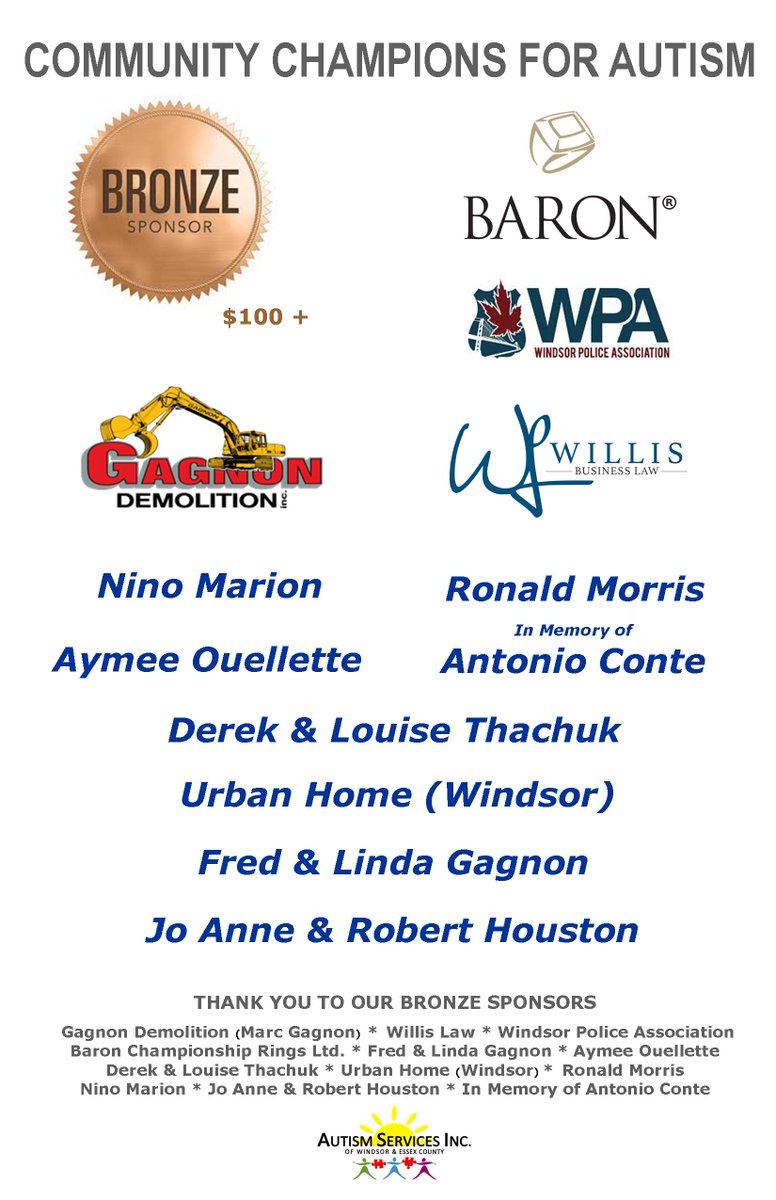 Our Bronze Community Champions for Individuals with Autism! Thank You for Supporting the Bruce Awad Summer Program!