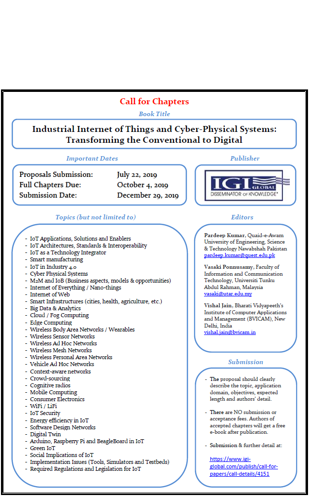 pardeepkummar's tweet photo. @TheIoT Call for Book Chapters: Industrial Internet of Things and Cyber-Physical Systems: Transforming the Conventional to Digital

Further detail at
https://t.co/y7SjgXqWQP https://t.co/hRmdOKo9qD