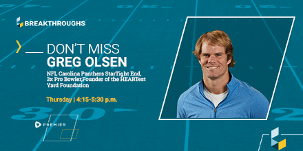 PremierHA's tweet photo. NFL Carolina @Panthers Star Tight End and 3x Pro Bowler @gregolsen88 is getting ready to take the stage at #Breakthroughs19! Come grab your seat in Delta Ballroom A and hear about this father's emotional #healthcare journey. https://t.co/SiLiyBMCRh