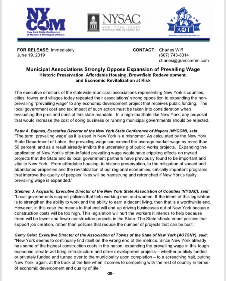 State Legislators: 
For the sake of NY’s property taxpayers, do not revive the idea of expanding “prevailing” “wage” laws.