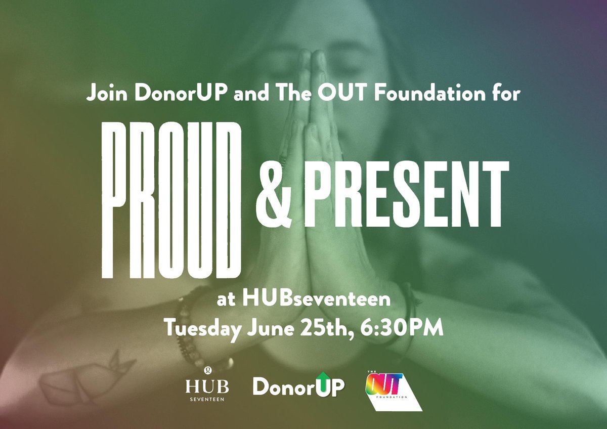 We're getting PROUD and Present with The OUT Foundation and lululemon's HUBseventeen this Tuesday.

Join us for FLOW + Mindfulness with hydration by NOOMA and NICE THINGS from Sunday Forever. 

Just $10 to The OUT Foundation on DonorUP! 

#letsdonorUP