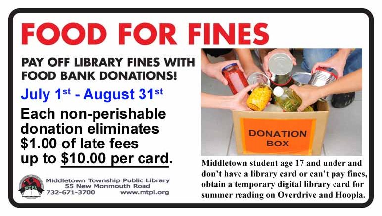 Food for Fines is back July 1 - August31 <a href="/MiddletownNJ/">Middletown, NJ</a> <a href="/MTPSpride/">Middletown Township Public Schools</a> @DrGeorge_MTPS