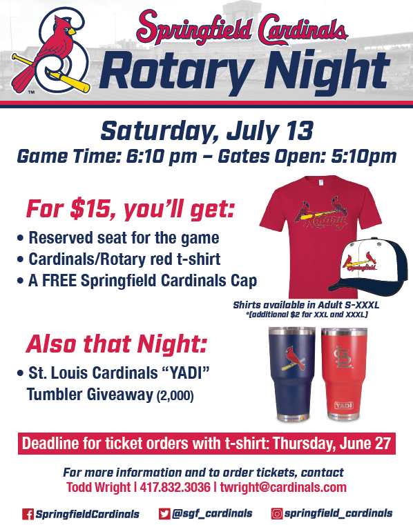 Get your tickets while you still can! Come on out, support the Cardinals and hang out with your fellow Rotarians! ⚾️