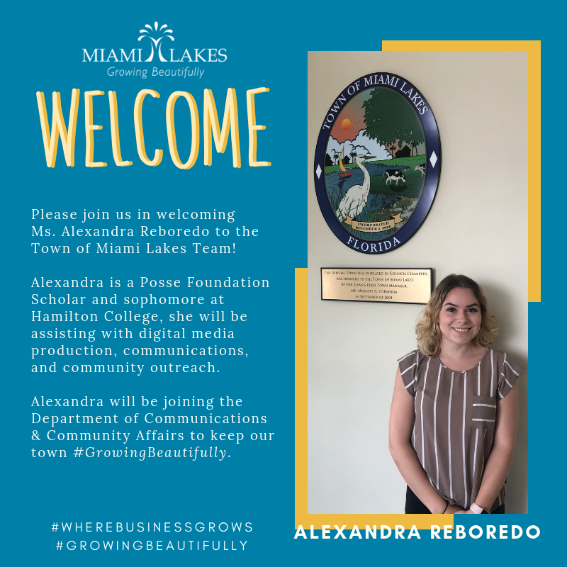 MiamiLakesNews's tweet photo. Please join us in welcoming Ms. Alexandra Reboredo to the Town of Miami Lakes Team🌳 ! #TOMLIntern #GrowingBeautifully https://t.co/tK7jp14t9m