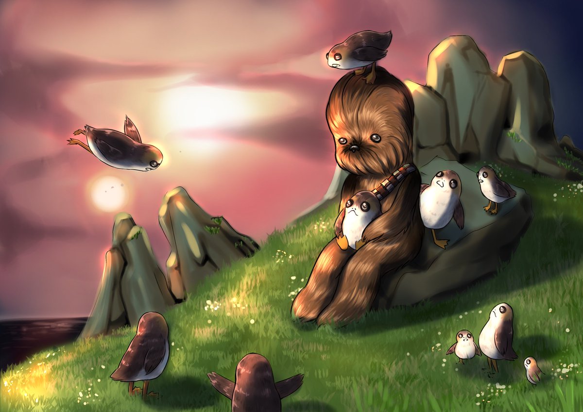 LilithBriar's tweet image. Chewbacca making friends with some porgs! I’ll be selling this drawing as print at my table as wisteria art studio at Robcon 2019.