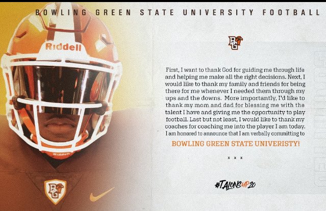 BrownDontrez's tweet image. I am proud to announce my commitment to Bowling Green State University @CoachCampenni @CoachHedden