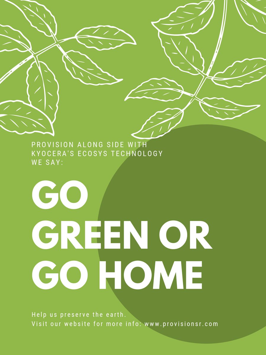 ProvisionSR's tweet image. Provision believes in creating a more ECO friendly environment and were doing that one printer at a time with Kyocera&apos;s innovative ECOSYS technology!
GO GREEN OR GO HOME and start helping save the environment by calling Provision Specialized Resources today! 
(225) 273-2679