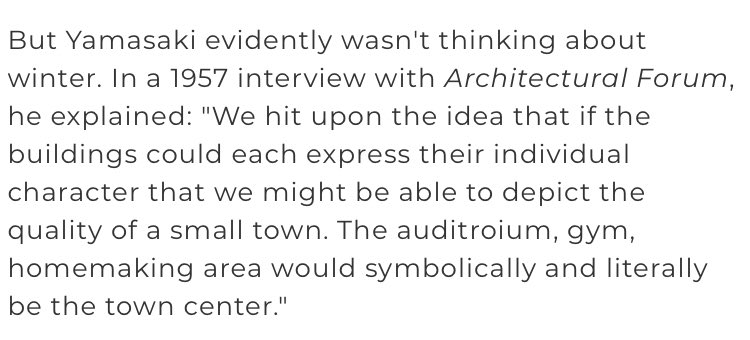 Minoru Yamasaki, Chelsea High School (1956) /// The small town of Chelsea was planning to build a new high school, and hired Yamasaki on a local architect’s suggestion. Yamasaki came up with a campus-style plan featuring separate buildings connected by covered walkways.