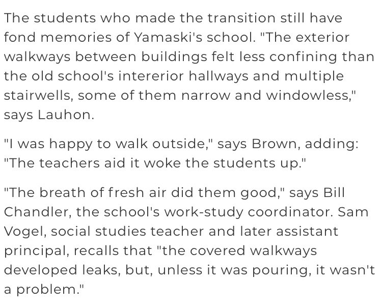 Yamasaki’s design wasn’t ideal for Michigan’s climate, and a new school was eventually built nearby. The buildings of the original campus are now occupied by a senior center and various city offices, but the covered walkways and exposed structure have been torn down.