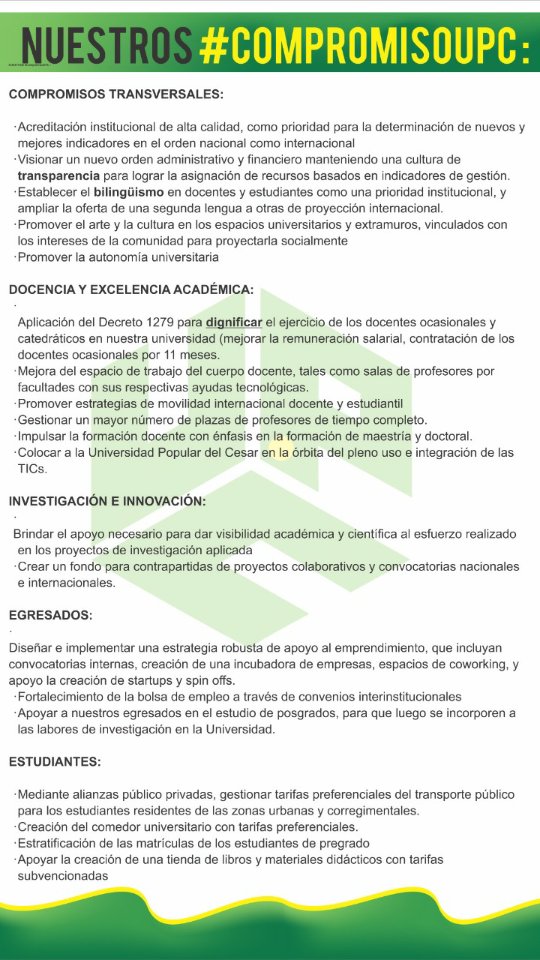 EgresadaU's tweet image. Querido estudiante y Egresado Upecista!! COMPROMISOS César Galindo Angulo # 13 Rector 2019- 2023. Docente con calidad humana, transparencia, preparación y visión a mejoramiento en todos los ámbitos de la Universidad Popular del Cesar. #UnaNuevaVisionUPC
