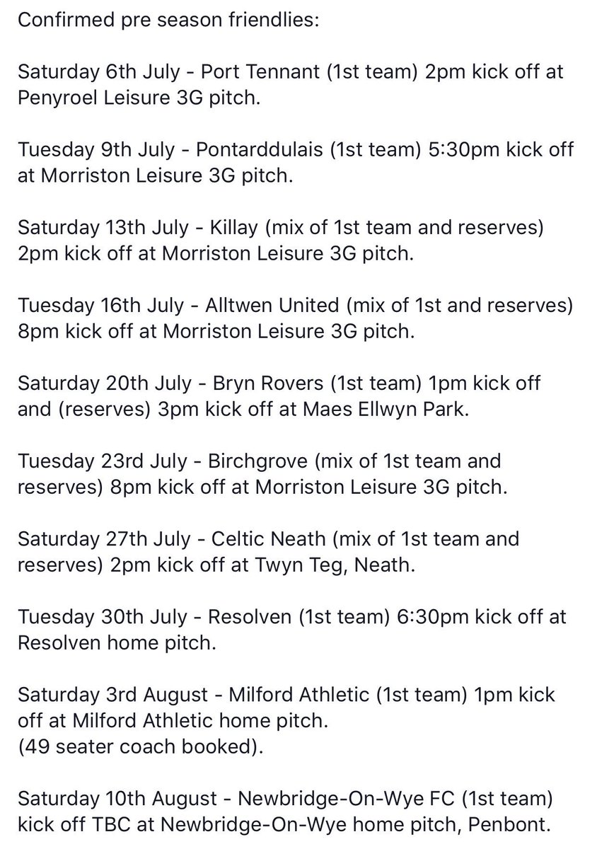 CONFIRMED PRE SEASON FRIENDLIES: <a href="/Ptcolts123/">Port Tennant Colts</a> @BontAFC <a href="/Killay_AFC/">Killay AFC</a> <a href="/Alltwenfc/">Alltwen FC</a> <a href="/BrynRoversAFC/">Bryn Rovers AFC</a> <a href="/ColtsBirchgrove/">Birchgrove Colts</a> @AfcNeath <a href="/MilfordAFC/">Milford Athletic FC</a> <a href="/NewbridgeAFC/">Newbridge-on-Wye FC</a>