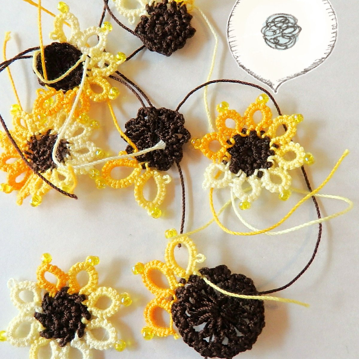 Ririco S Gallery りりこ בטוויטר ひまわり試作中 花びらはタティングレース 真ん中はレースかぎ針モチーフです ここまでの編みレシピ決定するのに 結構な量の失敗作 ハンドメイド タティングレース