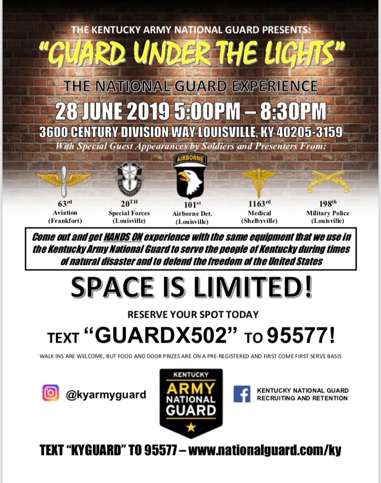KYArmyGuard's tweet image. Come out and see us! Get to know some of your Kentucky Army National Guard Soldiers, we'll have food, games, prizes, and Army National Guard equipment for some hands on experience! 
#KYGUARD #GUARDX #GuardExperience #Kentucky #Louisville