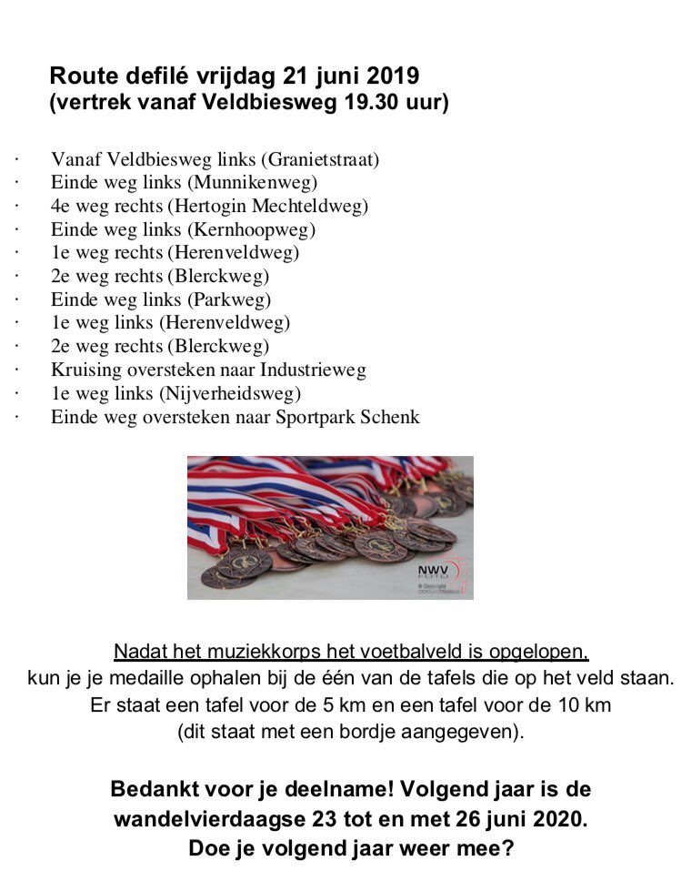 I.v.m. allerlei wegafsluitingen en omleidingen op het dorp is de route van het defilé iets gewijzigd. Het wijst zich vanzelf als je met de stoet meeloopt, maar voor alle fans van alle wandelaars langs de route is het ook fijn om te weten dat de route net iets anders gaat. 💐🏅🎶