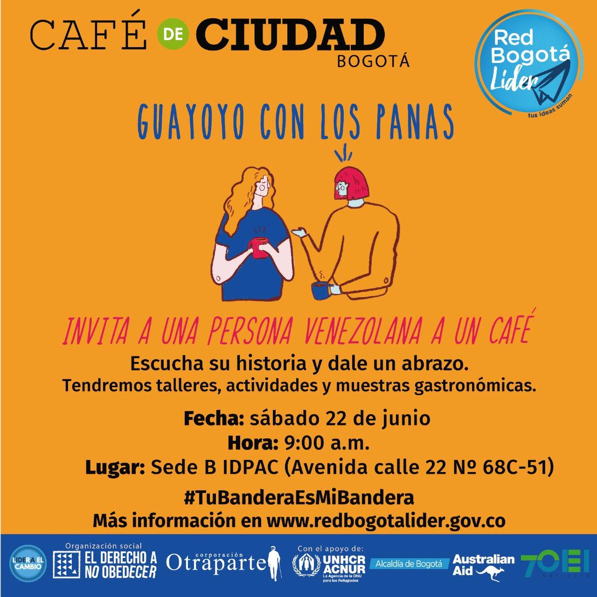 Solano's tweet photo. ¿Sabés qué es un guayoyo? Es el "tinto" en Venezuela. Tómate un Guayoyo con los Panas y acompaña a combatir los esquemas de la xenofobia. Habrá música, talleres, feria gastronómica y cartografía en vivo. Invita IDPAC (Calle 22 #68C-51) Inscríbete en https://t.co/Ygz9wlSAc3 https://t.co/cY6zWniFsf