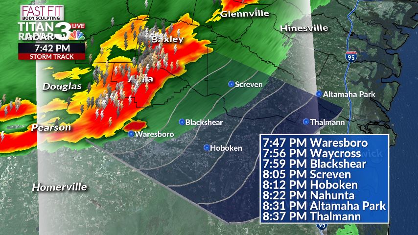 LeeHaywoodWX's tweet image. SEVERE THUNDERSTORM WARNING

For portions of #Bacon #Wayne #Appling #Atkinson &amp;amp; #JeffDavis counties until 8:30pm. Wind gusts up to 60 mph possible as the line drops southeast at 45 mph. 

Take cover if in the path of this storm.
wsav,com/weather

@WSAVKrisA @KyleDennisWx @WSAValy