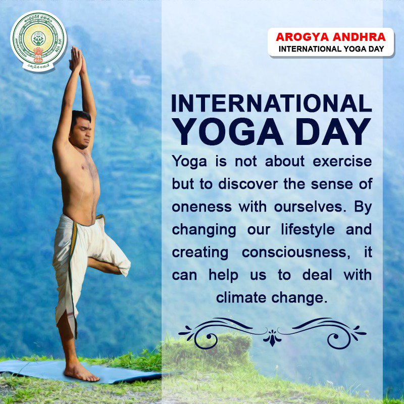 ArogyaAndhra's tweet photo. #Yoga is not about #exercise but to discover the sense of oneness with ourselves. By changing our lifestyle &amp; creating consciousness, it can help us to deal with climate change. @AndhraPradeshCM #InternationalYogaDay #WorldYogaDay #InternationalYogaDay2019 #WorldYogaDay2019 https://t.co/IKNijrxT4O