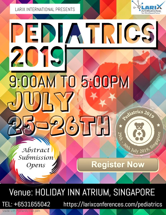 Pediatricslarix's tweet photo. #Pediatric 2019🇸🇬 #SINGAPORE🇸🇬 #Conference Final Abstract Call !!

Register today &amp; avail 30% discount on Group Registrations @ https://t.co/s9g675jgSz
#pediatrics2019 #pediatrics 
@PedsICUPoll
@PedsICU_tweets
@PedsICU_JC
@PICJournalWatch
@AmerAcadPeds
#PedsICU #BabiesLivesMatter https://t.co/72wcpxzN6I