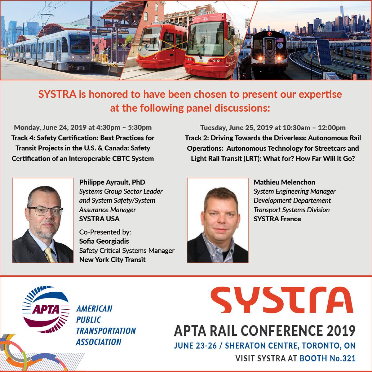 Join SYSTRA at <a href="/APTA_info/">APTA</a> Rail Conference in Toronto, June 23-26, Stop by Booth 321 to talk with our knowledgeable rail experts from the #USA , Canada and France. We are excited to take part in some interesting panel discussions. Hope to see you there!