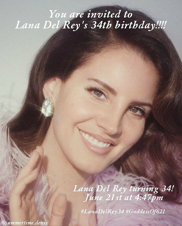 denss_bihay_10s's tweet photo. You are Invited to #LanaDelRey34thBirthday tomorrow at 4:47pm! ☀️👸🏻🎤🎂
.
credit: summertime.denss from IG
.
#LanaDelRey #LanaDelRey34 #LanaDelRey621 #GoddessOf621 #queenofsummersolstice #goddessofsummertime #queenofsummertime #LDR #SD0620 #LDRonDenss #CountdownTo621 #DB0621 https://t.co/lOT5kK5VXd