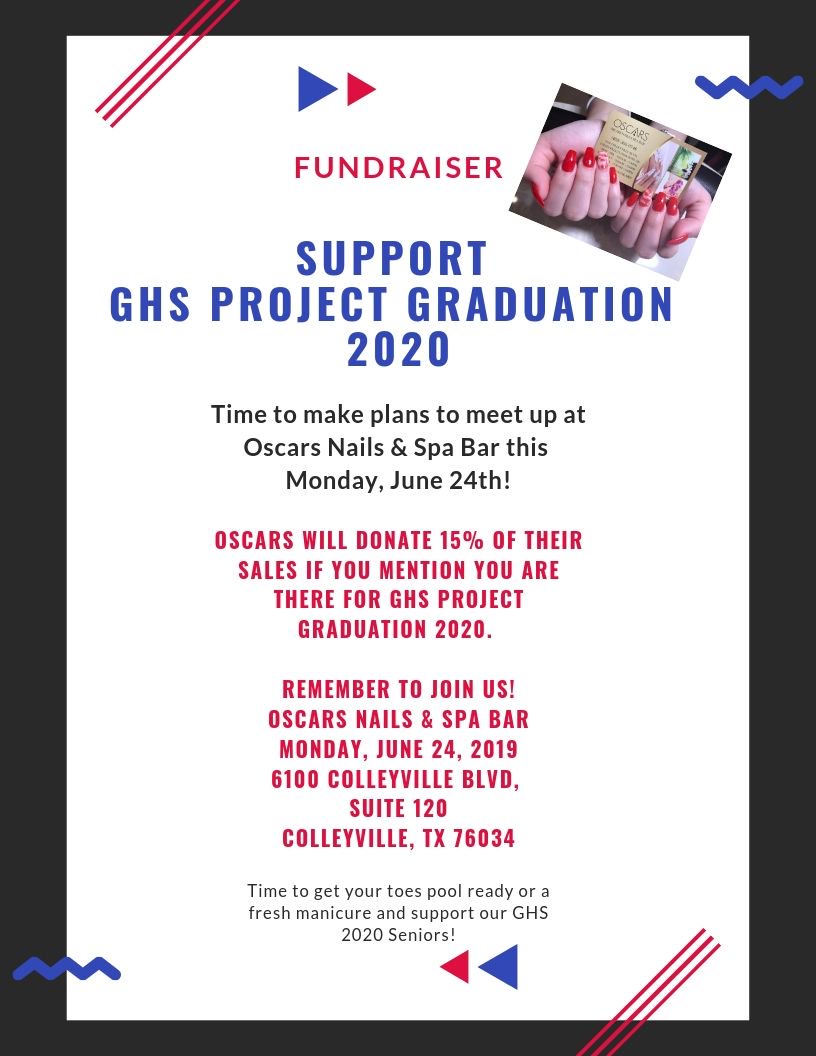 Come out and support <a href="/GHSProject_Grad/">GHSProjectGraduation</a> this coming Monday, June 24! Oscars Nail and Spa Bar in Colleyville  is donating 15% of their sales if you mention you are supporting <a href="/GHSProject_Grad/">GHSProjectGraduation</a>