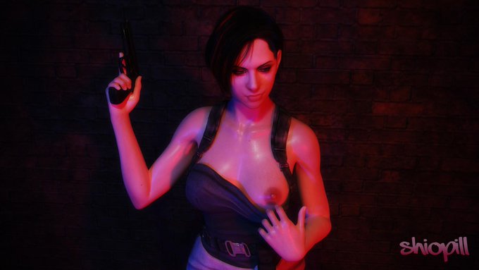 One more render from my last Jill scene. Still lit by the harsh police lights, much less distortion.