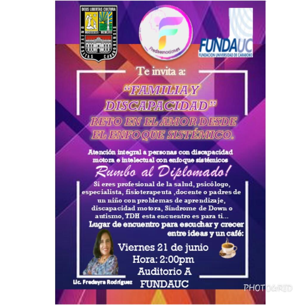 FredayraR's tweet photo. Mañana viernes conferencia sobre familia y discapacidad con enfoque sistemico en fundaUc mañongo a las 2.00 pm entrada libre https://t.co/cvrZrTvMJ2