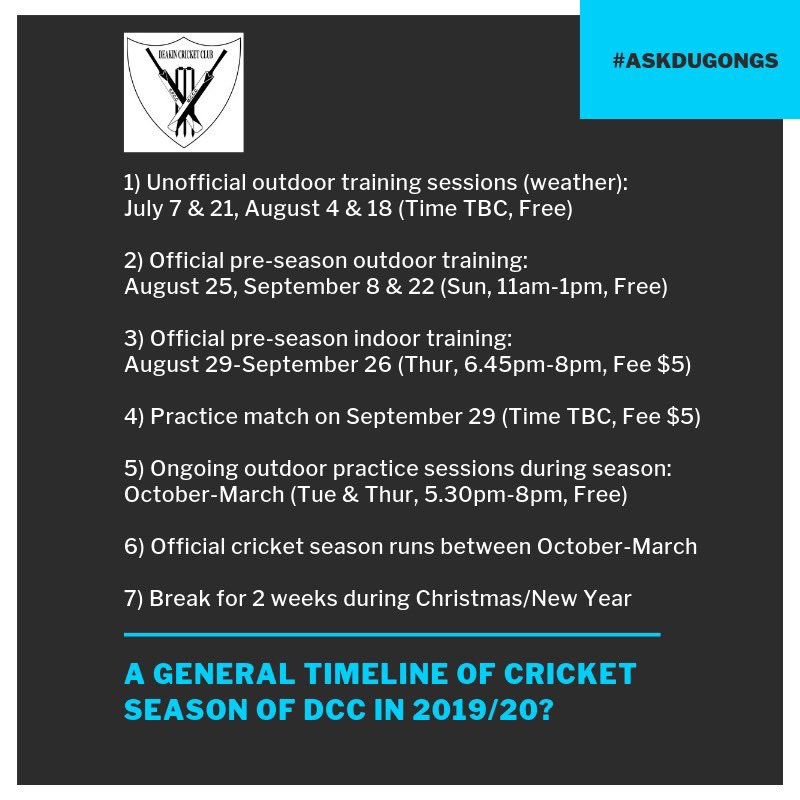#AskDugongs - What's a general timeline of cricket season 2019-20 of Deakin Cricket Club? #deakincc #newdugongs #dugongs2019 #joindcc